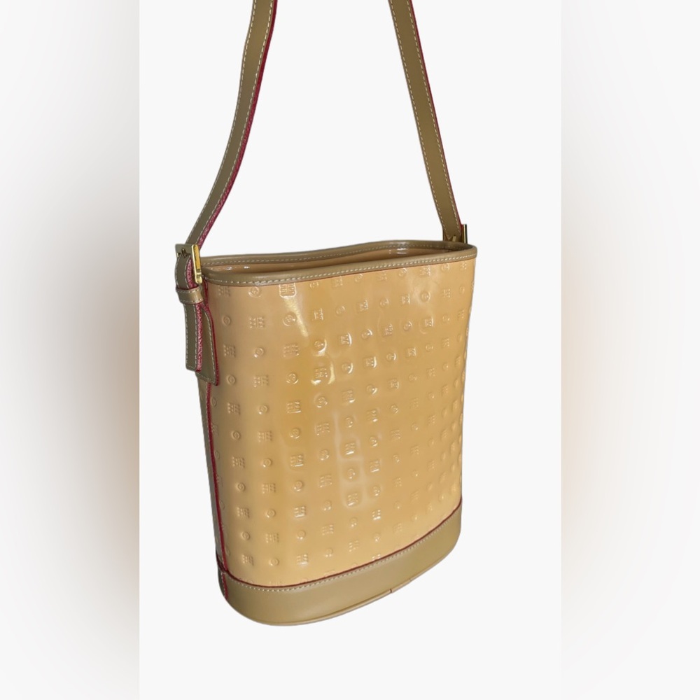 Arcadia Yellow Tan Patent Leather Shoulder Bag with Pink Trim